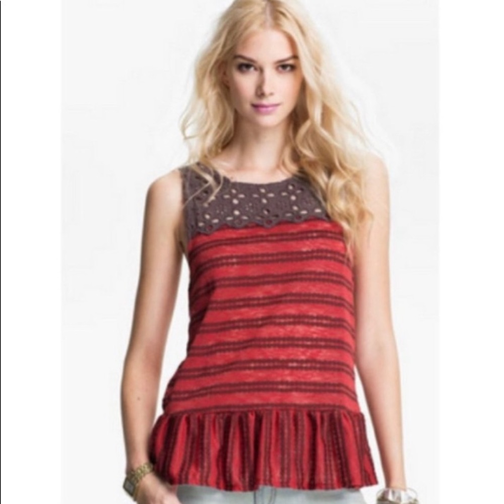 Free People Peplum Striped/Embroidery Casual Office Sleeveless Top XS